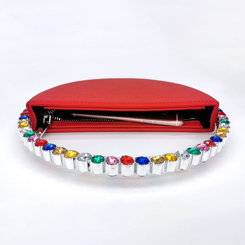 HIGHREAL Women INS Diamond Circular Evening Bag Women Round Handle Rhinestone Dinner Clutch Purse Ladies Half Moon Handbag Purse