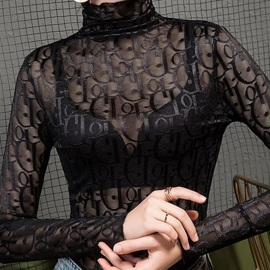 Lace, Ladies Sexy Basic Shirt, New Style For Autumn And Winter, All-match, High Neck And Long Sleeves, Fashionable Inside, Top