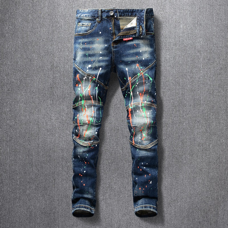 American Streetwear Fashion Men Jeans Painted Designer Slim Fit Elastic Punk Trousers Spliced Biker Jeans Homme Hip Hop Pants