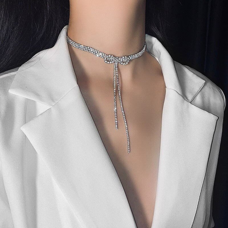 FYUAN Bowknot Crystal Choker Necklaces for Women2020 Long Tassel Rhinestone Necklaces Weddings Jewelry Party Gifts