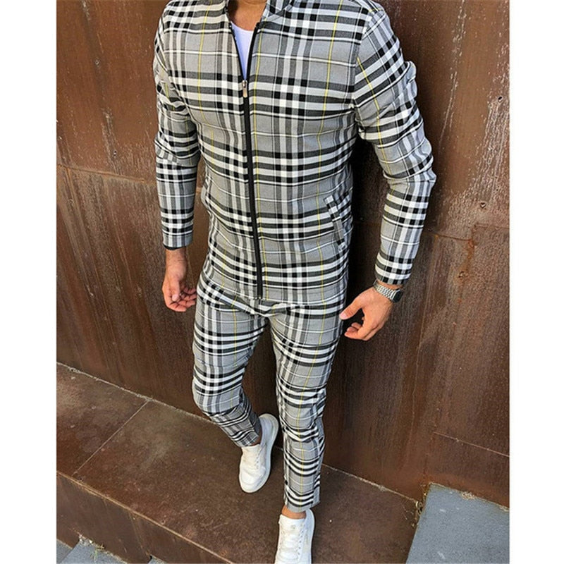 2022 New gyms Men's Sets 2 Pieces Sets Tracksuit Men's Jackets+Pants suit Sportwear Gentlemen Plaid Mens Sports Suit men Clothes