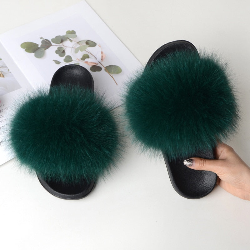 Women Summer Furry Fur Slippers Flat Non-slip Solid Real Fox Fur Slides Fluffy Slippers Ladies Shoes Woman Home Slipper