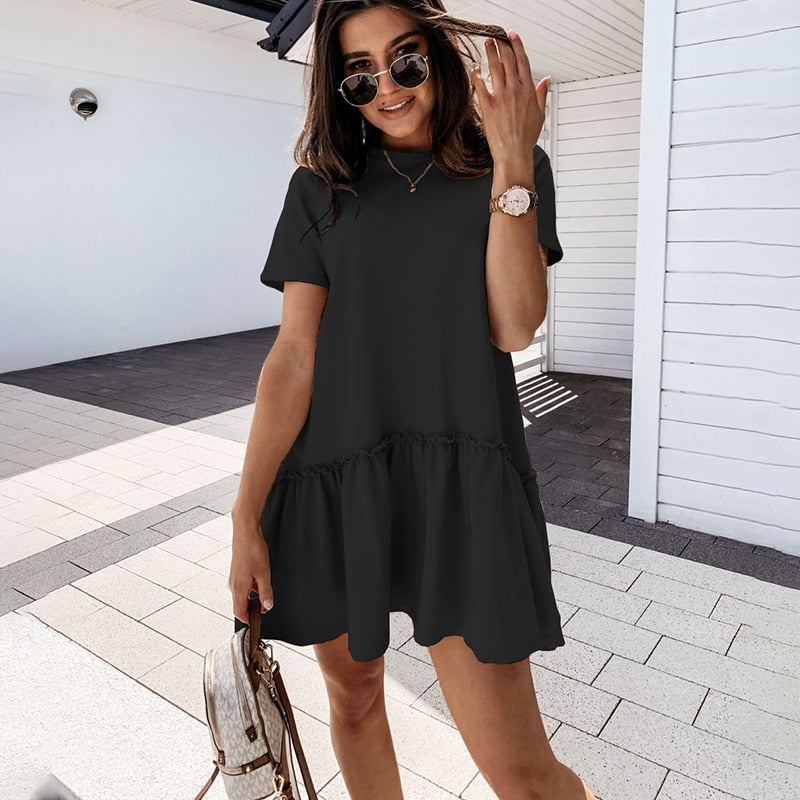 Loose Casual Short Sleeve Mini Dress Women 2021 Summer O-neck White Black Ruffles Big Hem Beach Dresses For Woman Femme Robe