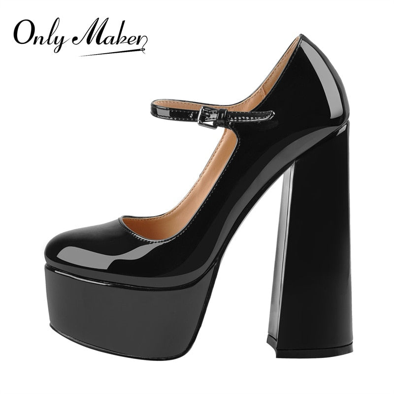 Onlymaker Womens Mary-Jane  Platform Chunky 15~16CM High Pumps Heels Ankle Strap Dress Hoof Heels Black Shoes Plus Size