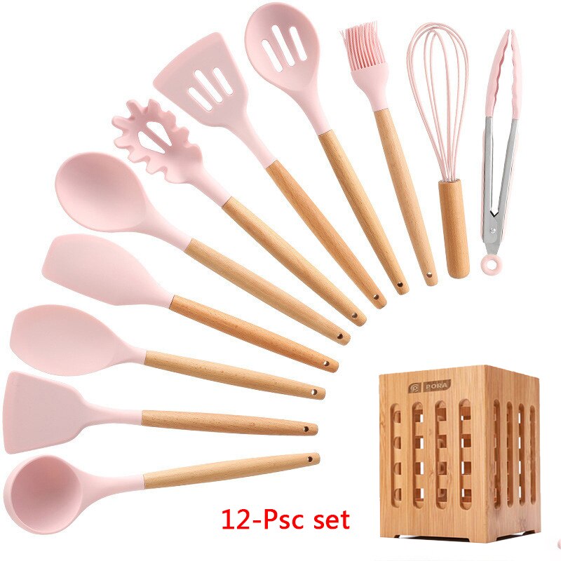 Silicone Cooking Utensils 11/12/13Pcs Kitchen Utensil Set Non-stick Spatula Wooden Handle with Storage Box Kitchen Appliances