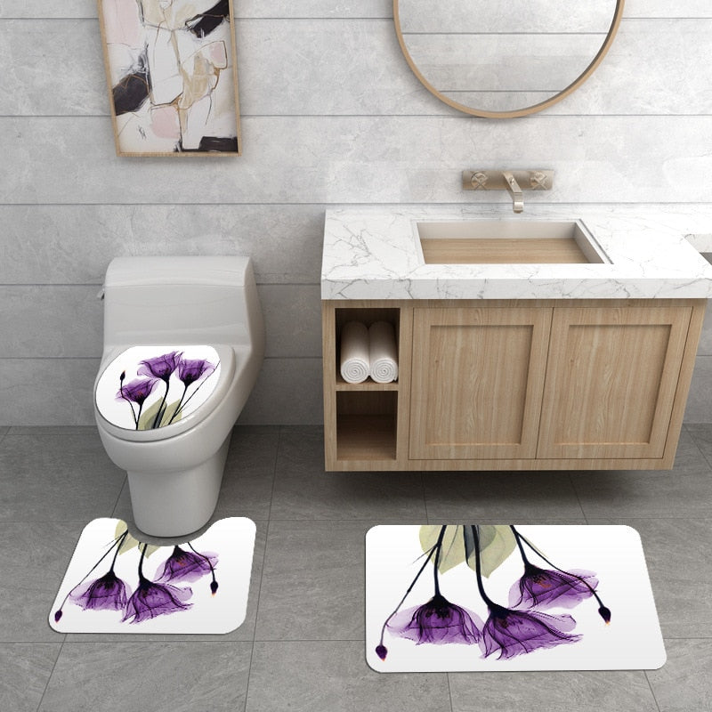 Colorful Tulip Lotus Flowers Trees Shower Curtain Sets Non-Slip Rugs Toilet Lid Cover and Bath Mat Waterproof Bathroom Curtains