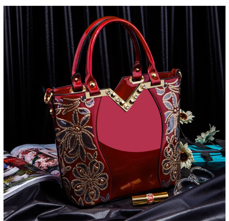 AMELISH Luxury Bag for Women 2022 High Quality Patent Leather Flower Embroidery Diamond Tote Handbag Fashion Female Shoulder Bag