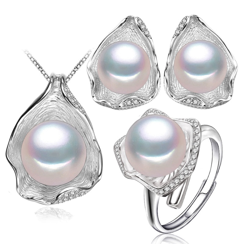 FENASY 925 Sterling Silver Pendant Necklace Natural Pearl Jewelry Sets For Women Classic Stud Earrings Fashion Party Rings