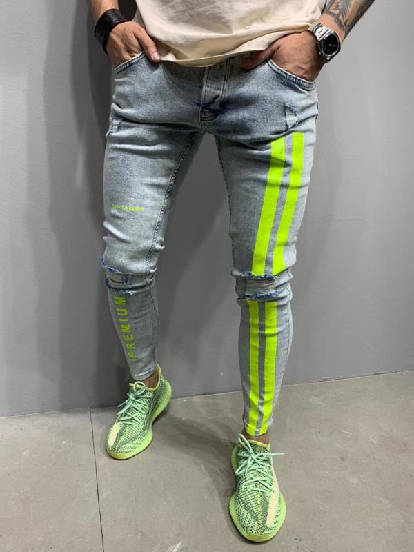 Letter printing Ripped Pencil Jeans Men Skinny Biker Side Striped Jeans Destroyed Hole Hip Hop Slim Fit Jean Men's Pant