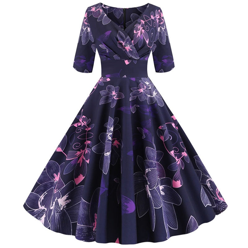 Women flower print Autumn dress Casual Winter half sleeve Elegant Vintage dress Robe femme plus size pinup office party vestidos