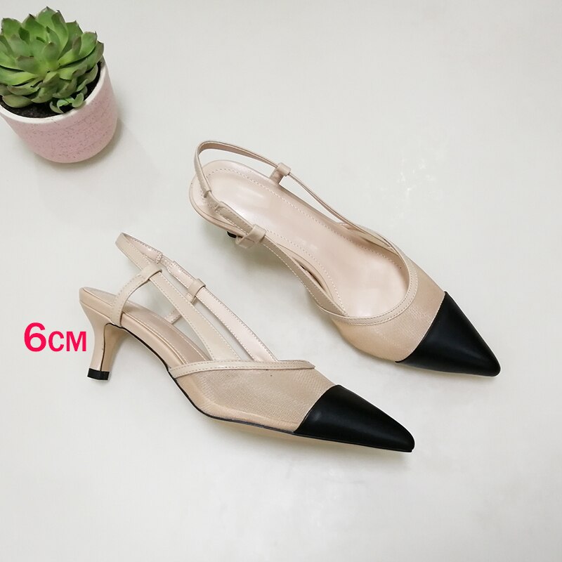 Meotina Women Natural Genuine Leather Shoes Slingbacks High Heels Pointed Toe Cutout Sandals Shoes Ladies Beige Large Size 42 43