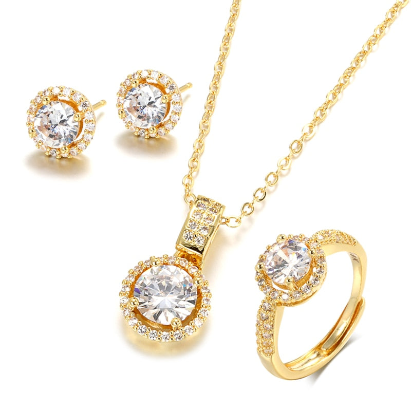 Kinel 18K Gold Zircon Jewelry Sets Engagement Ring Necklace Earring for Bridal Wedding Jewelry Valentine's Day Gift for Women