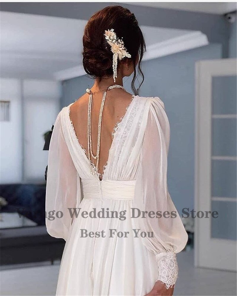 Verngo Vintage Lace Puff Long Sleeves Wedding Dresses Chiffon A Line V Neck Bride Gowns Floor Length Elegant Bridal Dress