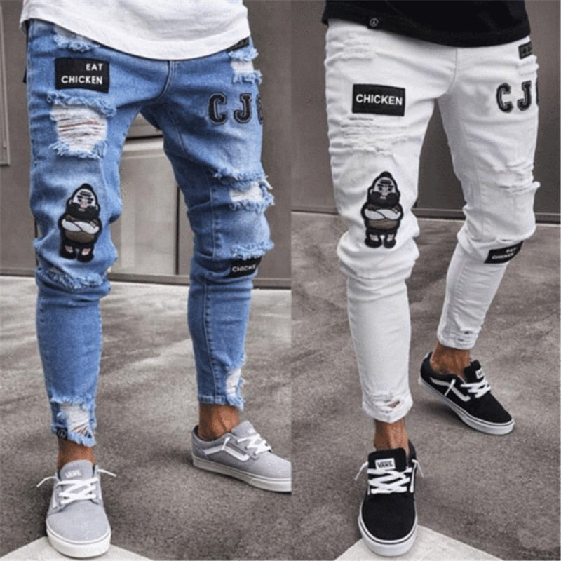 Men Stretchy Ripped Skinny Biker Embroidery Cartoon Print Jeans Destroyed Hole Slim Fit Denim High Quality Hip Hop Black Jeans