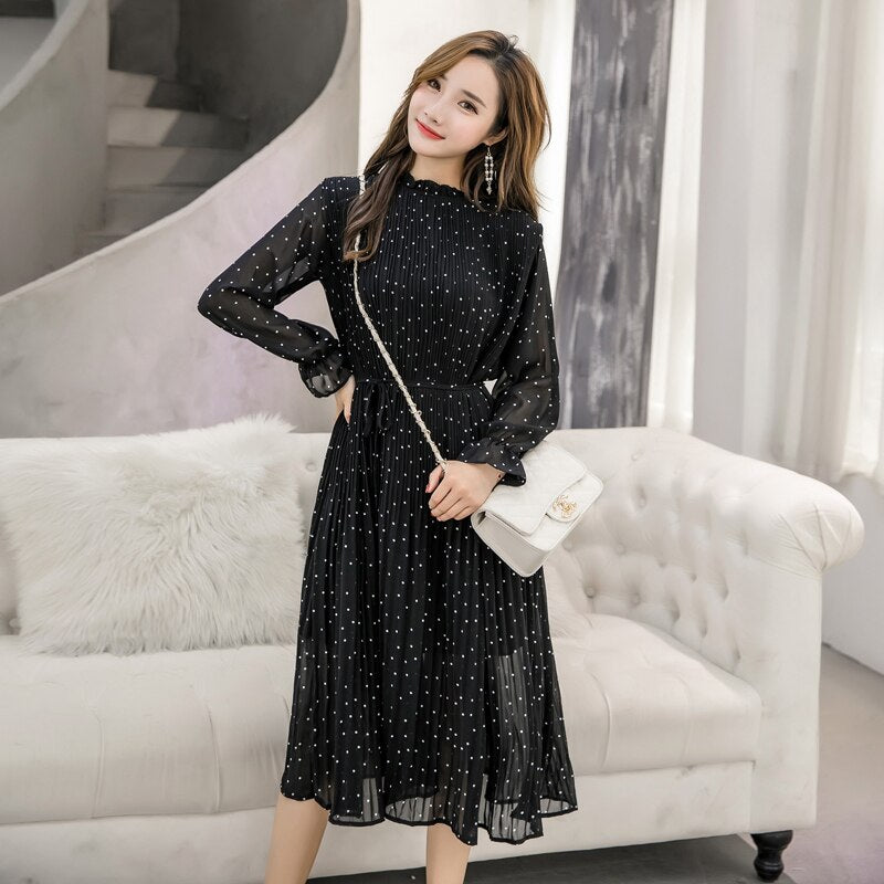 Black Vintage ClotheS Spring Lady Long Chiffon Dress 2021 New Korean Fashion Women Long Sleeved Polka Dot Pleated Dress 3670 50