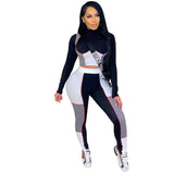 Casual Two Piece Set Women Color Patchwork Full Sleeve Shirt Crop Top  + Long Pant Tracksuit Sportsuit Clothes For Women Outfit