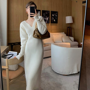 Elegant Long White Knitting Dress Women Winter V-Neck Long Sleeve Bodycon Dress Korean Office Lady High Waist Vintage Dress 2021