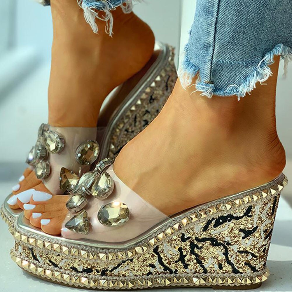 Doratasia brand design crystals rivets clear platform high heels leisure slipper wedges sandals women summer shoes female