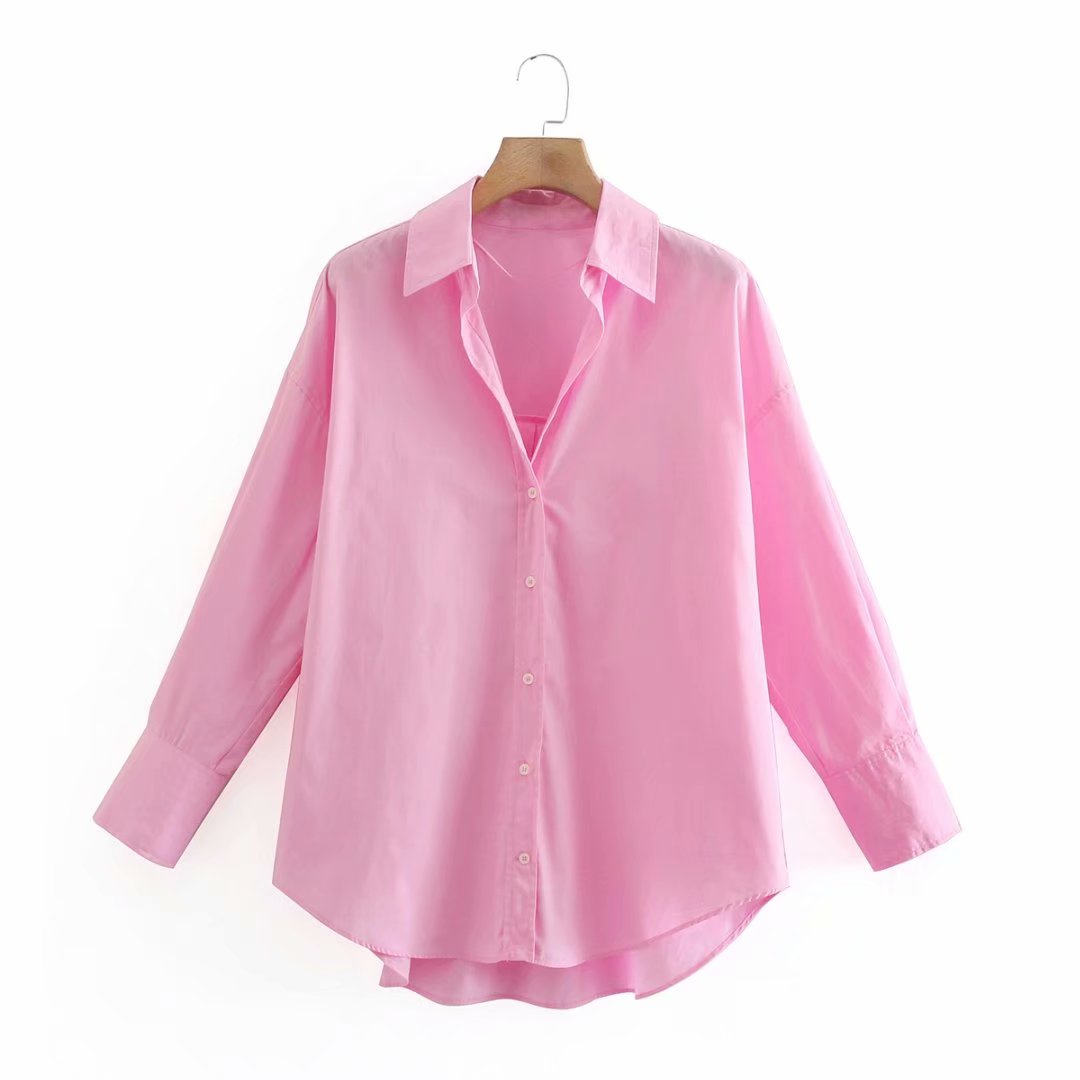 KONDALA Women Spring Shirts Za Chic Pink Solid Oversized Button Long Shirts Fashion 2021 V Neck Mujer Tops Casual Blouses