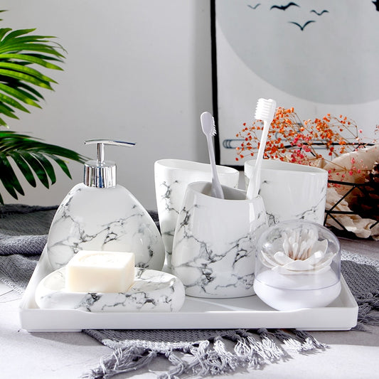 Wedding Gift Nordic Marble Texture Ceramic Bathroom Accessories Set/Soap Dispenser/Toothbrush Holder/Melamine Tray