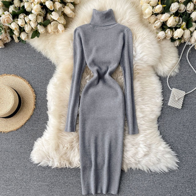 Dresses for Women 2022 Sexy Turtleneck Knitted Bodycon Dress Women Autumn Winter Long Sleeve Sweater Dress