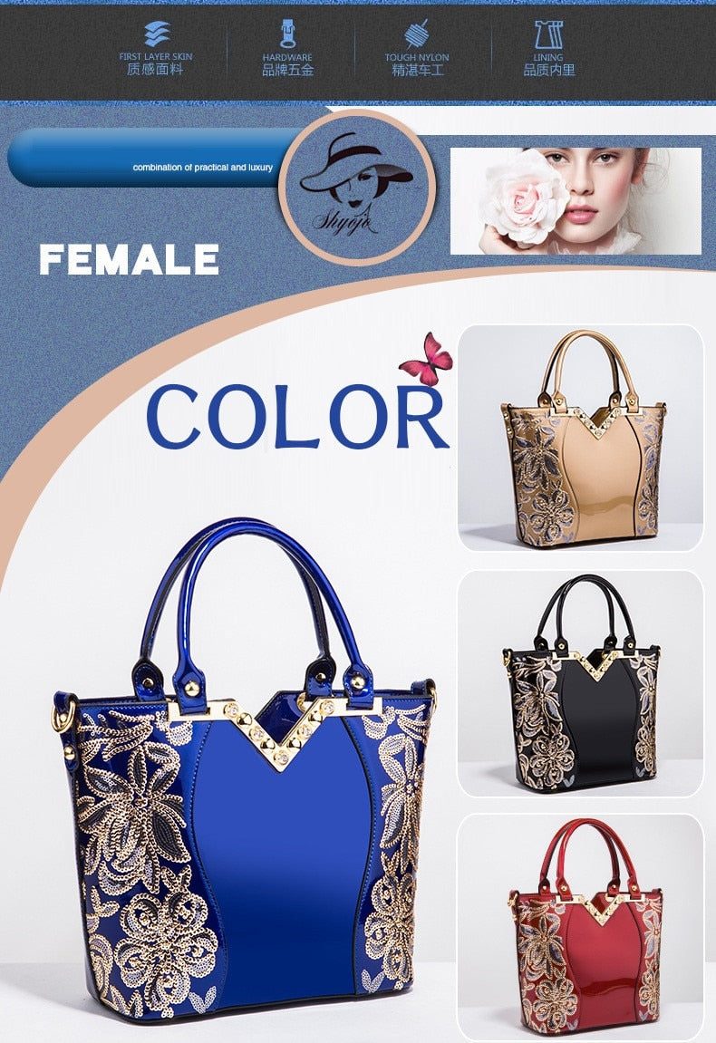 AMELISH Luxury Bag for Women 2022 High Quality Patent Leather Flower Embroidery Diamond Tote Handbag Fashion Female Shoulder Bag