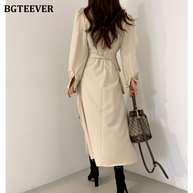 BGTEEVER Casual V-neck Slim Waist Belted Female Dress 2021 Spring Elegant Full Sleeve Women Pleated Vestidos Ladies Midi Dress