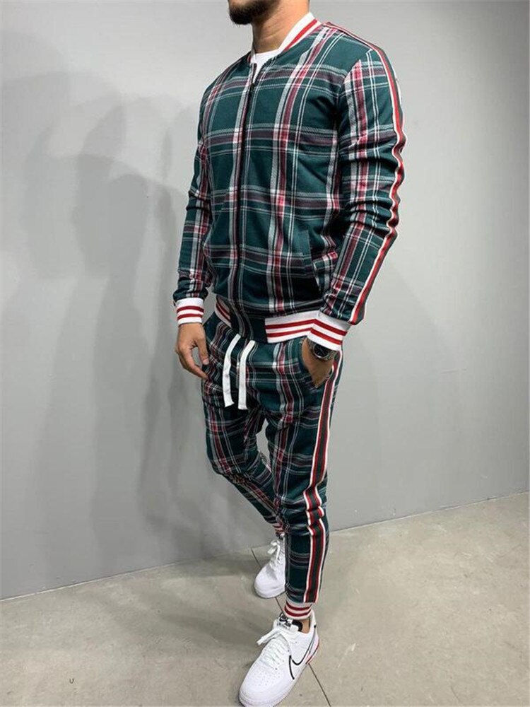 2021 New gyms Men's Sets 2 Pieces Sets Tracksuit Men's Jackets+Pants suit Sportwear Gentlemen Plaid Mens Sports Suit men Clothes