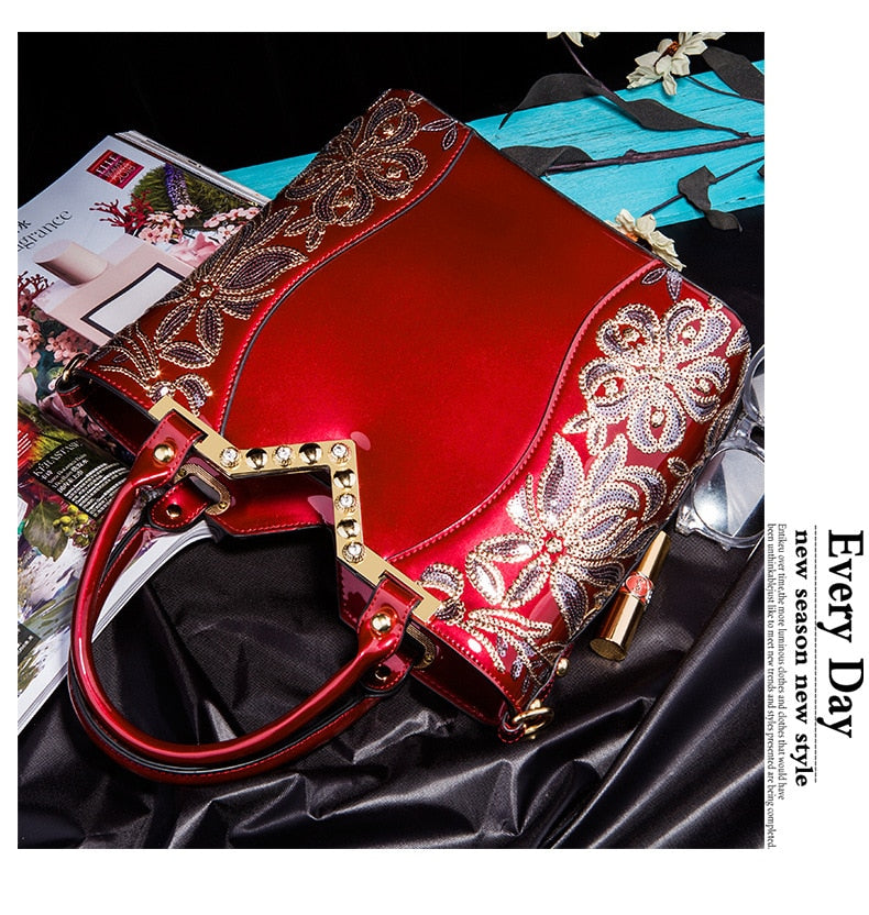 AMELISH Luxury Bag for Women 2022 High Quality Patent Leather Flower Embroidery Diamond Tote Handbag Fashion Female Shoulder Bag