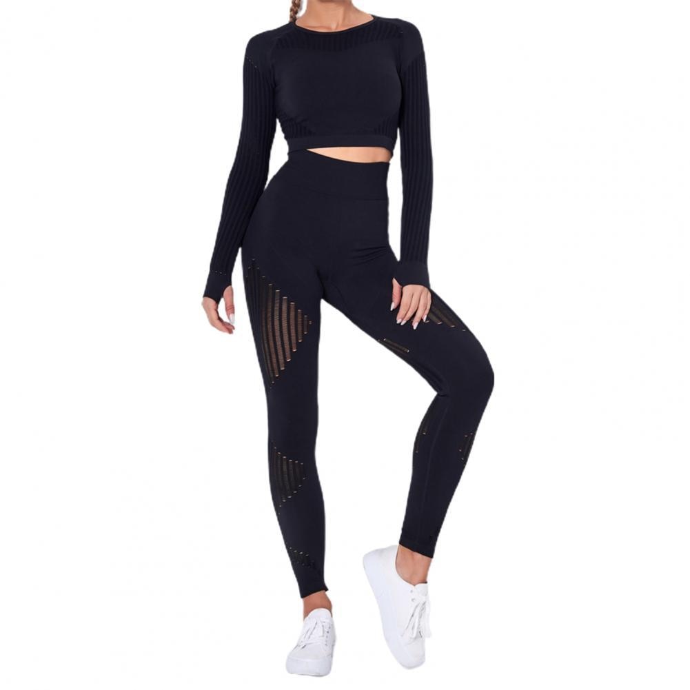 Tracksuit Women Solid Color Yoga Outfit Seamless Two Piece Striped Women Blouse Leggings Set Female Tights Women's Clothing