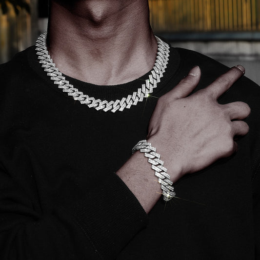 Hip Hop Men Chain 15MM Prong Cuban Chain 2 Row Iced Out Men's Necklace Rhinestone Zircon Paved Necklaces For Men