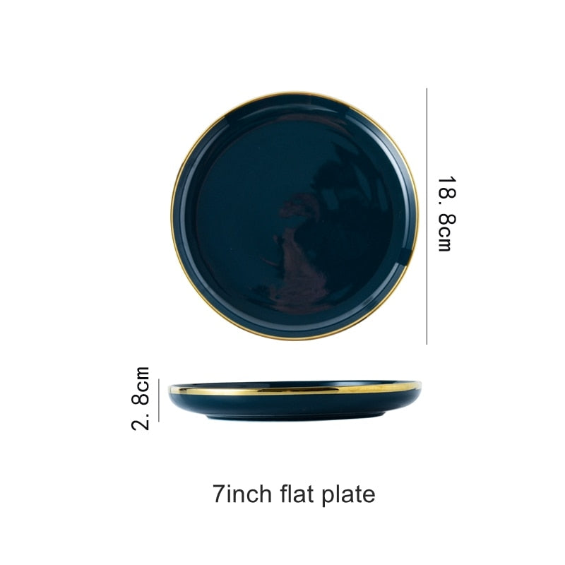 Blue Porcelain Dinner Plates Dishes Luxury Gold Inlay Ceramic Cake Food Plate Bowl Tableware Plate Sets Dish for Restaurant