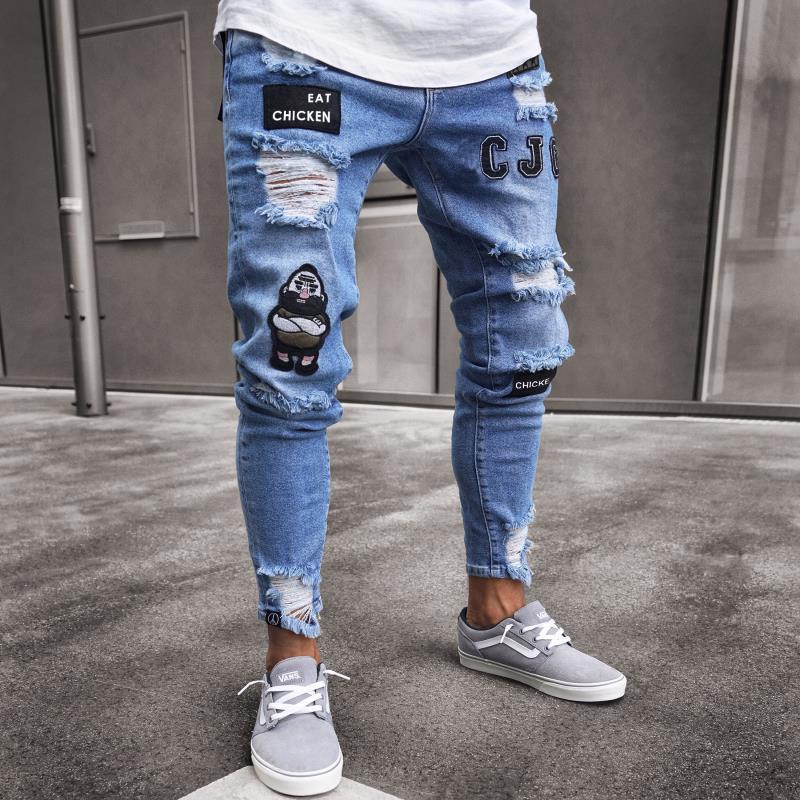 Men's Painted Skinny Slim Fit Straight Ripped Distressed Pleated Knee Patch Denim Pants Stretch Jeans