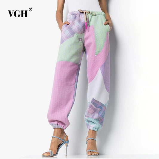 VGH Harem Pants For Women Mid Waist Lace Up Print Hit Color Loose Pockets Casual Pant Female 2021 Autumn New Clothing