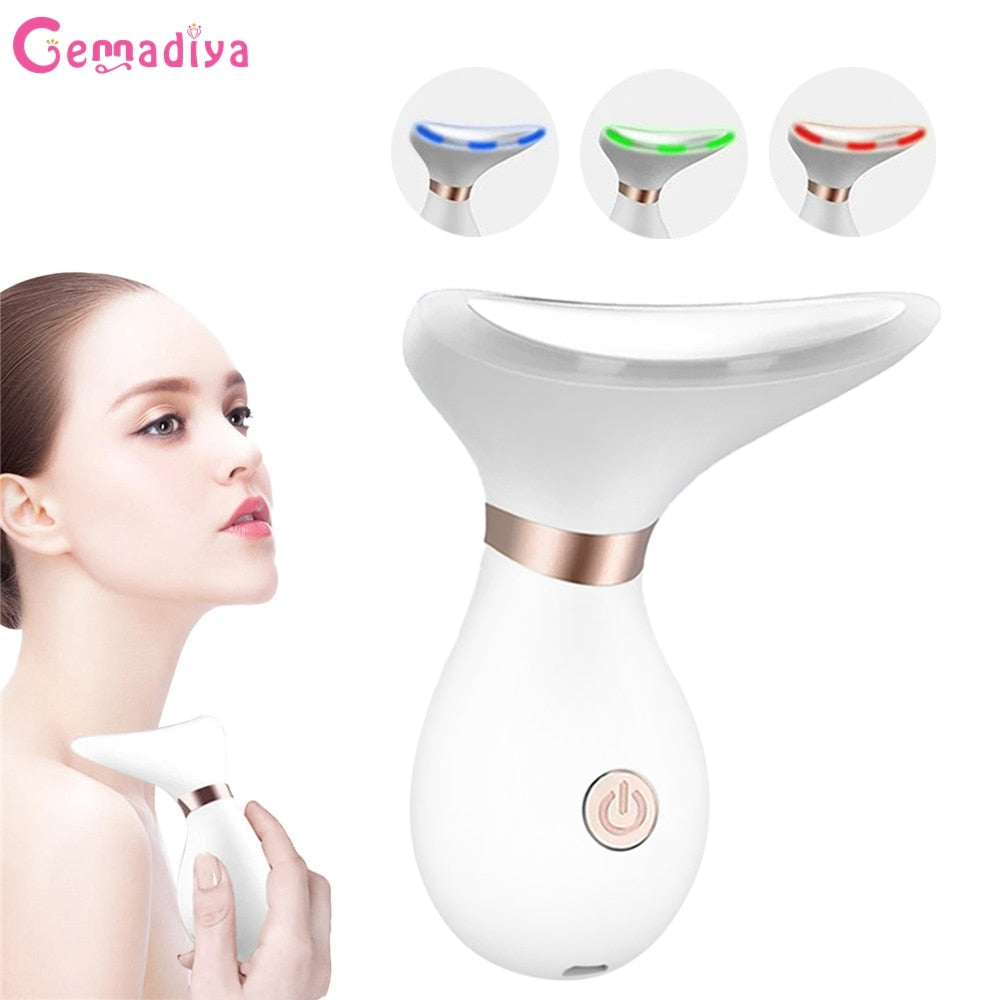 Facial Neck Massager Lift Anti Wrinkles Heat High Frequency Vibration Face Skin Tightening Lifting 3LED Light Reduce Double Chin