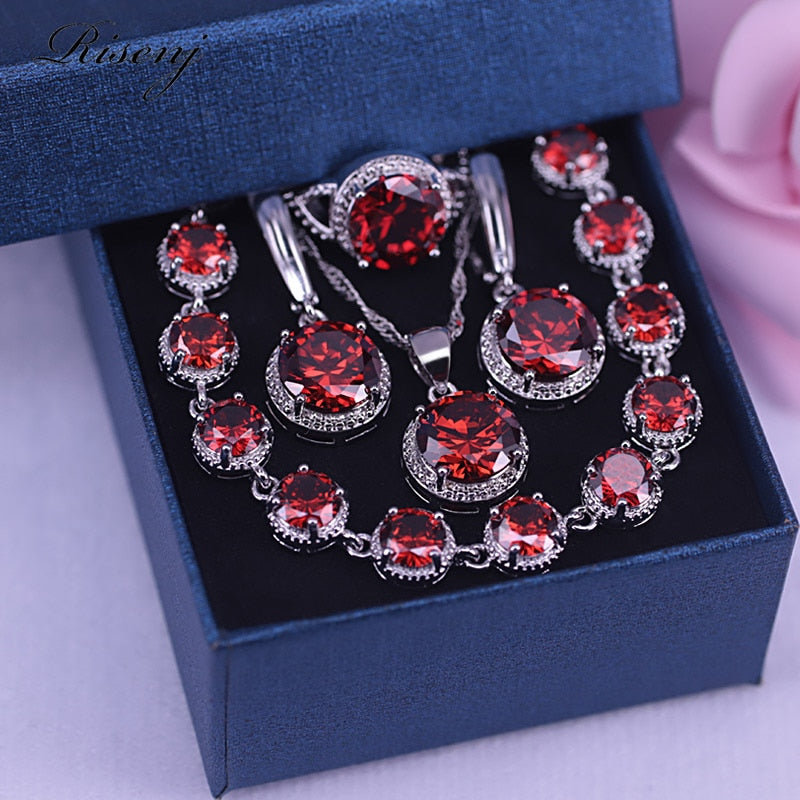 Many colors top cubic zircon Silver Color Jewelry Sets for Women Bracelet Ring Earrings Necklace Luxury Design