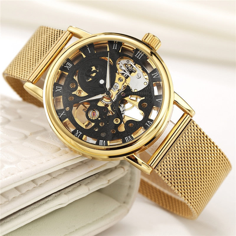 SEWOR Watch Men Skeleton Watches Stainless Steel Mesh Strap Mechanical Hand Wind Wristwatches Luxury Business Gold Watches Men