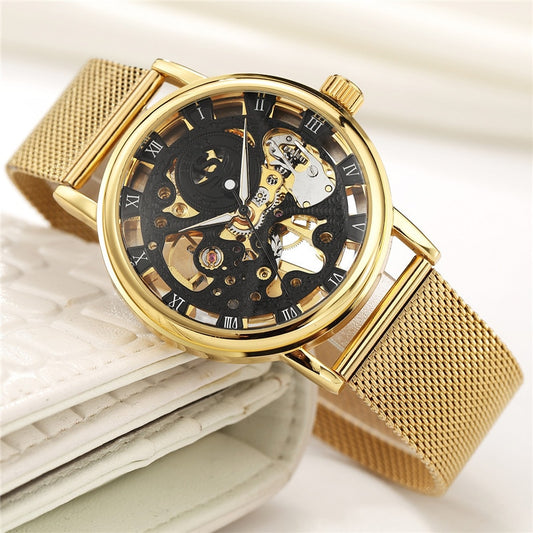 SEWOR Watch Men Skeleton Watches Stainless Steel Mesh Strap Mechanical Hand Wind Wristwatches Luxury Business Gold Watches Men