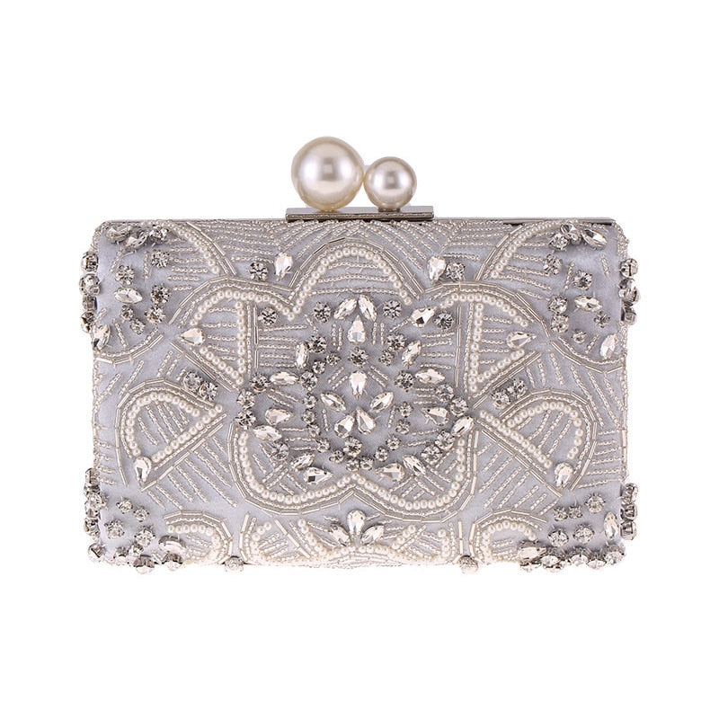 Apricot Silver Crystal Clutch Bags Handmade Beaded Pearl Wedding Clutch Purse Luxury Handbags Women Shoulder Bags ZD1361