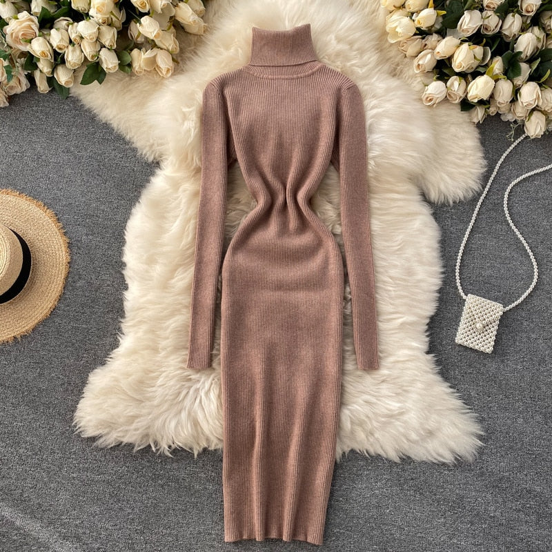 Dresses for Women 2022 Sexy Turtleneck Knitted Bodycon Dress Women Autumn Winter Long Sleeve Sweater Dress