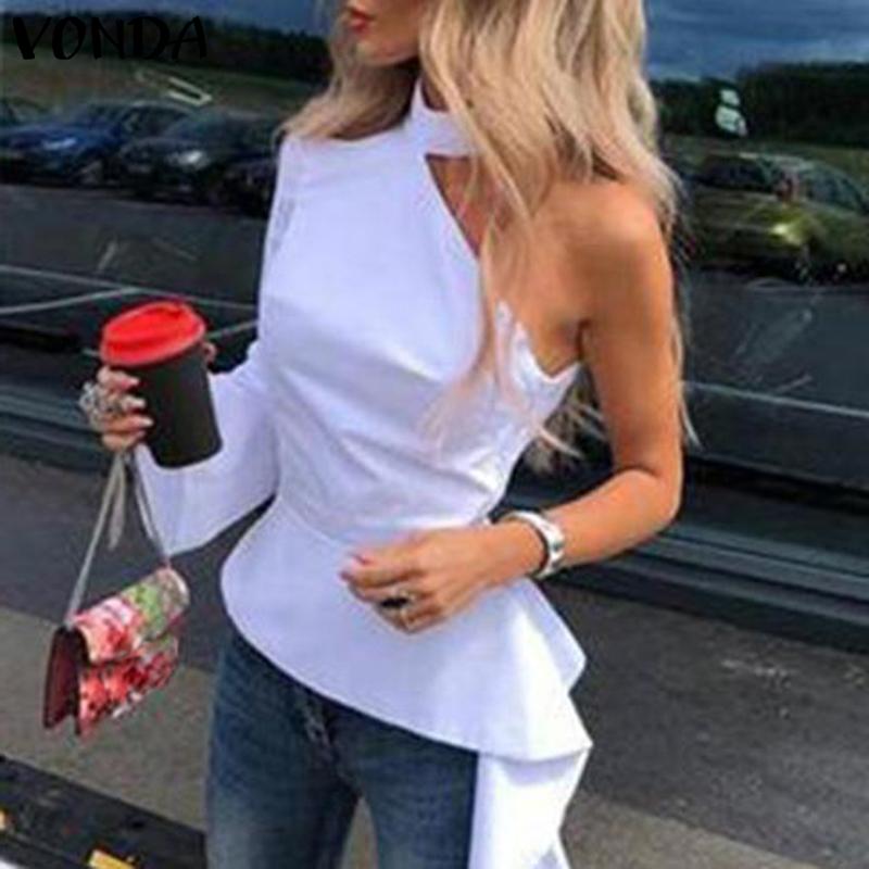 VONDA Asymmetrical Tunic Women One Shoulder Blouse 2021 Summer Party Long Shirts Office Holiday Tops Casual Blusa Plus Size