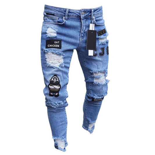 Men Stretchy Ripped Skinny Biker Embroidery Cartoon Print Jeans Destroyed Hole Slim Fit Denim High Quality Hip Hop Black Jeans