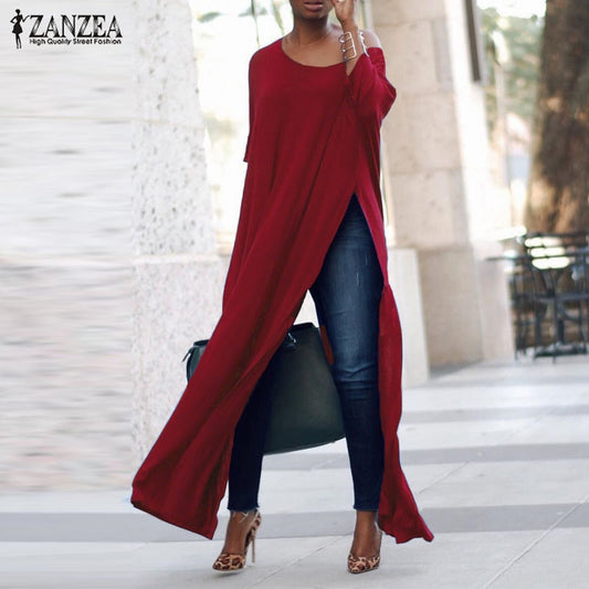 2021 ZANZEA Autumn Women Casual Solid Off Shoulder 3/4 Sleeve High Split Party Long Shirt Vestido Blusas Blouse Tops