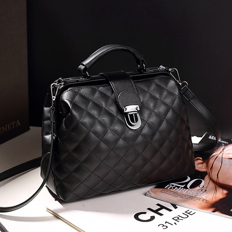 Fashion Plaid Rivets Design Pu Leather Crossbody Bags For Women Solid Color Shoulder Handbags Female Doctor Tote