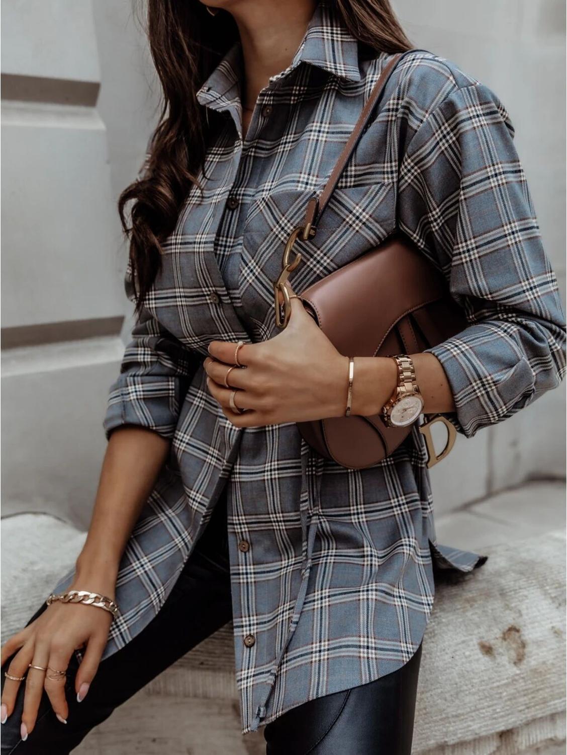 Prowow Women Long Plaid Blouse Spring Autumn Casual Long Sleeve Female Shirts Single Breasted Turndown Collar Plus Size Tops