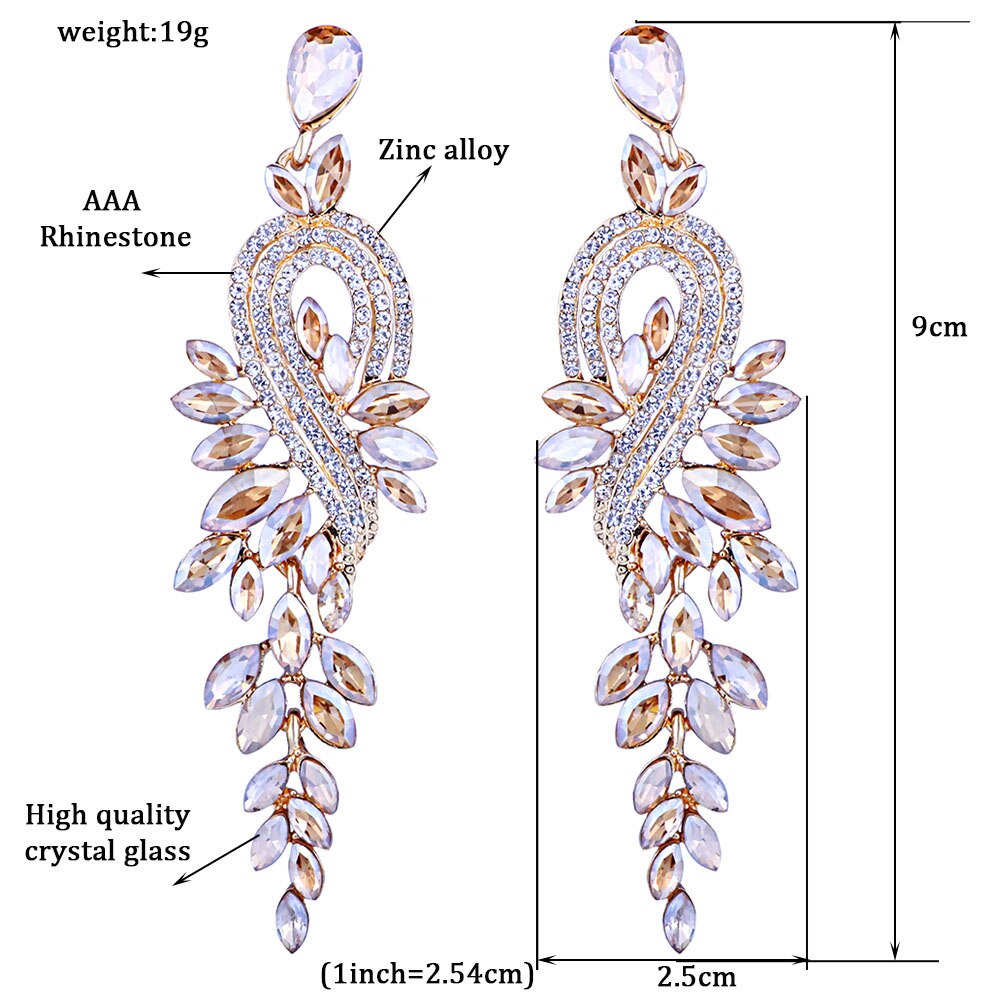 Bridal jewellery Luxury crystal leaf large earrings long drop earrings for women wedding party jewelry accessory