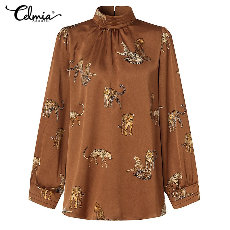 Stylish Satin Blouses Womens Long Sleeve Shirts Celmia 2021 Autumn Stand Collar Casual Loose Tiger Printed Elegant Blusas 5XL