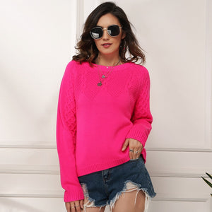 Women's Neon Sweaters Fluorescence Fuchsia Turtleneck Long Sleeve Pullovers Casual Loose O Neck Knitted Shirts Female Jumper
