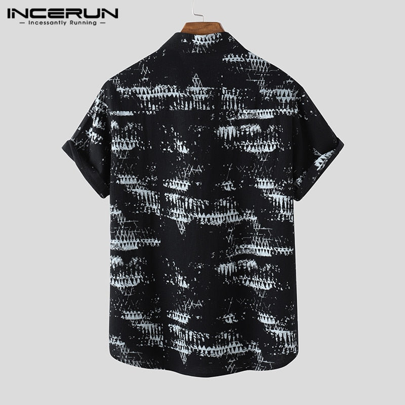 INCERUN Men Vintage Printed Shirts Short Sleeve Stand Collar Shirt Man Casual Buttons Loose Blouse Fashion Cotton Floral Camisa