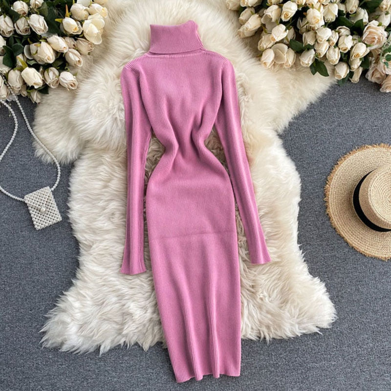 Dresses for Women 2022 Sexy Turtleneck Knitted Bodycon Dress Women Autumn Winter Long Sleeve Sweater Dress